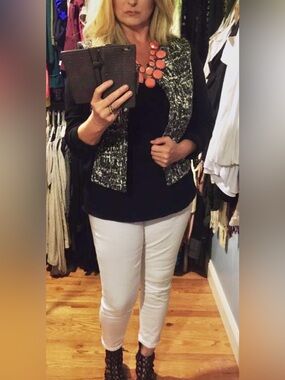 Liz Claiborne Womens Black/white Ponte Knit snap Up Blazer Cardigan slimming med